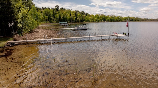 dock area featuring a water view and a wooded view