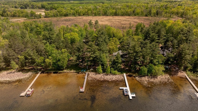 drone / aerial view of a large body of water and a heavily wooded area