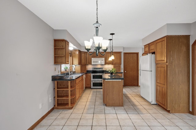 2970 Western Ave N, Roseville, MN 55113 - kitchen with open shelves, white appliances, a chandelier, and dark countertops