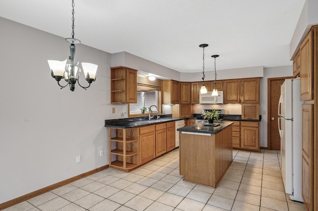 2970 Western Ave N, Roseville, MN 55113 - kitchen featuring open shelves, white appliances, a sink, and dark countertops