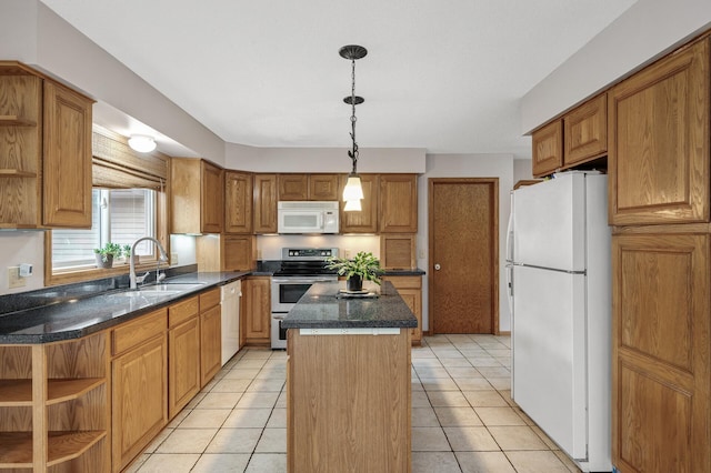 2970 Western Ave N, Roseville, MN 55113 - kitchen featuring white appliances, open shelves, a sink, a center island, and pendant lighting