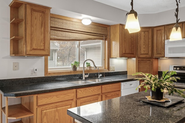 2970 Western Ave N, Roseville, MN 55113 - kitchen with open shelves, white appliances, a sink, hanging light fixtures, and brown cabinets