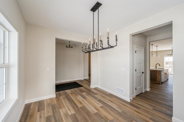 869 Greywood Blvd SW, Delano, MN 55328 - unfurnished dining area with a chandelier, wood finished floors, a sink, and baseboards