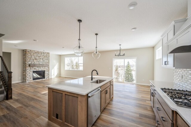 869 Greywood Blvd SW, Delano, MN 55328 - kitchen with a sink, appliances with stainless steel finishes, a stone fireplace, light wood-type flooring, and baseboards