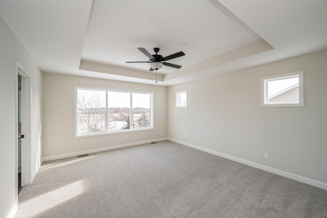 869 Greywood Blvd SW, Delano, MN 55328 - spare room featuring a tray ceiling, carpet, ceiling fan, and baseboards