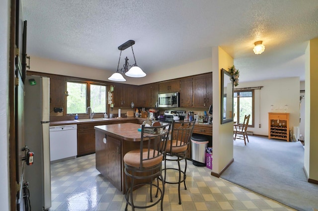 912 State 84 SW, Pine River, MN 56474 - kitchen featuring stainless steel appliances, a sink, a textured ceiling, a center island, and a breakfast bar