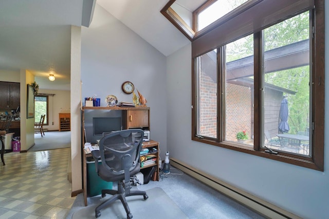 912 State 84 SW, Pine River, MN 56474 - office featuring a baseboard radiator, vaulted ceiling, and tile patterned floors