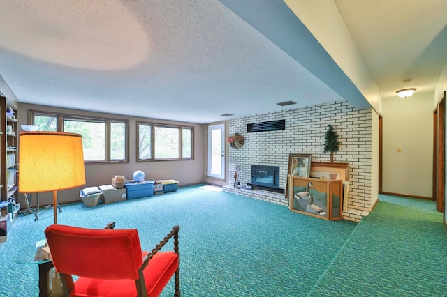 912 State 84 SW, Pine River, MN 56474 - living room featuring a brick fireplace, carpet, and a textured ceiling