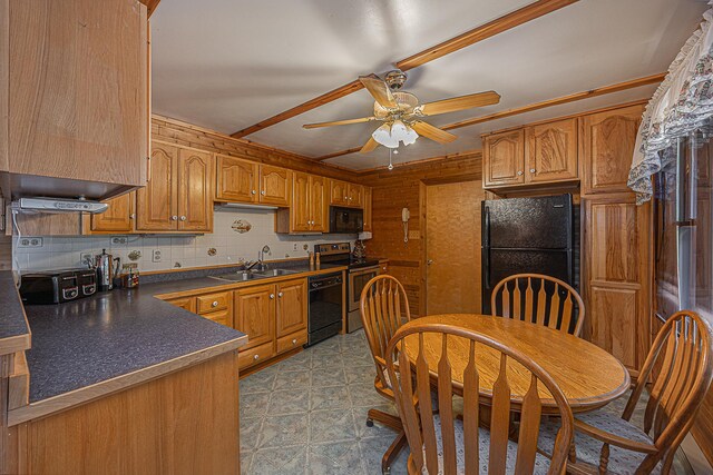 224 Norman Point Rd NW, Longville, MN 56655 - kitchen featuring black appliances, a sink, dark countertops, ceiling fan, and brown cabinets