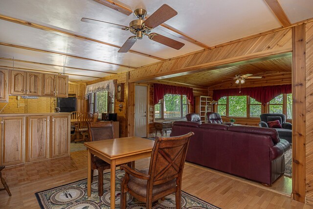 224 Norman Point Rd NW, Longville, MN 56655 - dining space with wood walls, a ceiling fan, healthy amount of natural light, and beamed ceiling