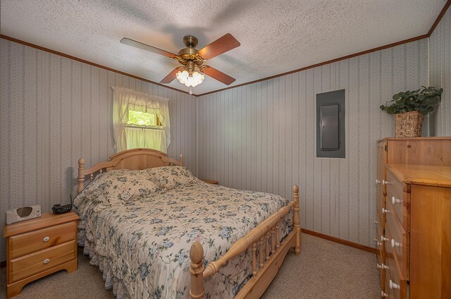 224 Norman Point Rd NW, Longville, MN 56655 - bedroom with electric panel, ornamental molding, carpet, a textured ceiling, and a ceiling fan