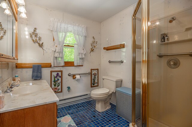 224 Norman Point Rd NW, Longville, MN 56655 - full bath featuring a baseboard radiator, vanity, a stall shower, and tile patterned flooring