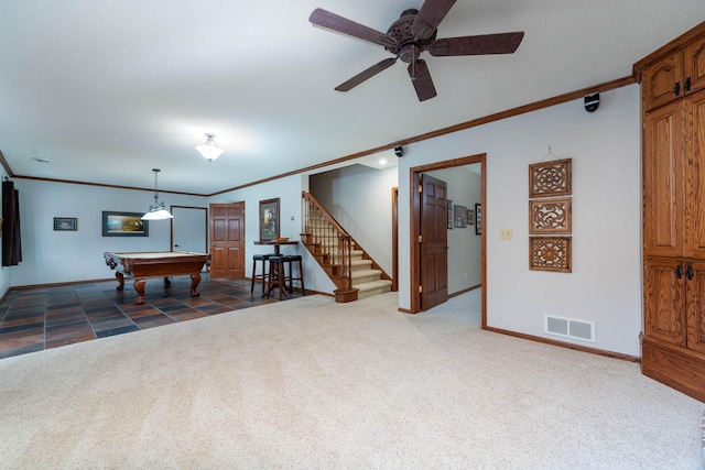 100 Hill Dr, Lime Twp, MN 56001 - rec room featuring carpet floors, crown molding, pool table, baseboards, and ceiling fan