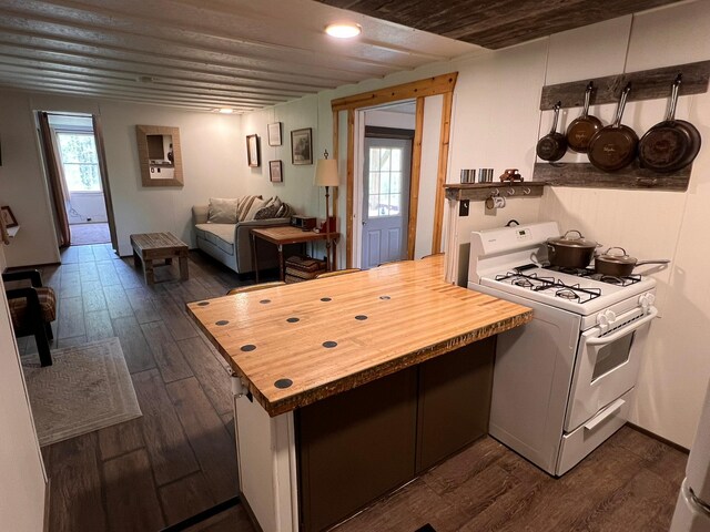 11216 State Highway 27, Beaver Twp, MN 55783 - kitchen with gas range gas stove, wood counters, dark wood-style floors, and a peninsula