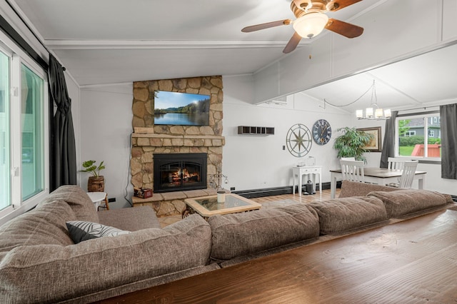 750 Prairie Ave SE, Cokato, MN 55321 - living area with a stone fireplace, ceiling fan, and a chandelier