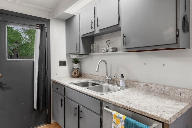 750 Prairie Ave SE, Cokato, MN 55321 - kitchen with a sink, gray cabinetry, light countertops, open shelves, and stainless steel dishwasher