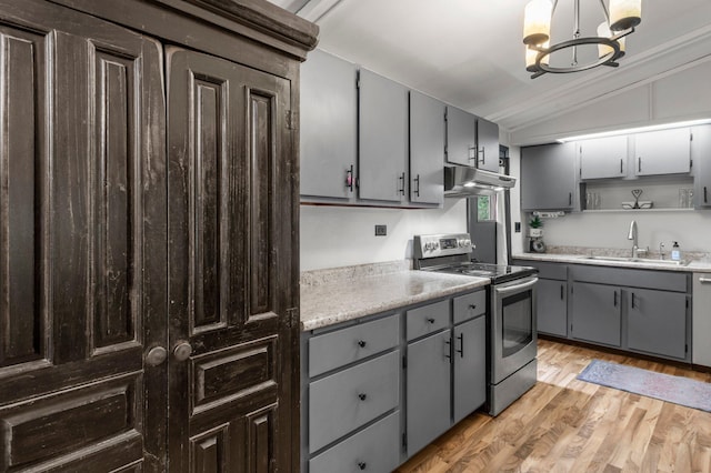 750 Prairie Ave SE, Cokato, MN 55321 - kitchen featuring electric range, a sink, under cabinet range hood, lofted ceiling, and gray cabinetry