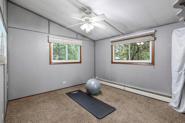 750 Prairie Ave SE, Cokato, MN 55321 - workout area with lofted ceiling, a baseboard radiator, carpet, plenty of natural light, and a ceiling fan