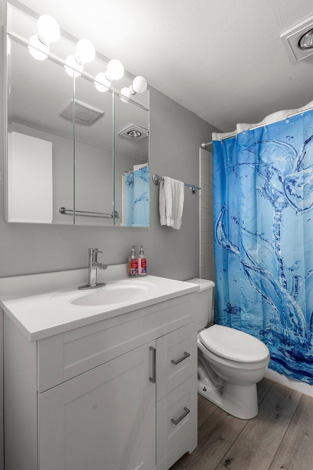 750 Prairie Ave SE, Cokato, MN 55321 - full bathroom with wood finished floors, vanity, toilet, curtained shower, and a textured ceiling
