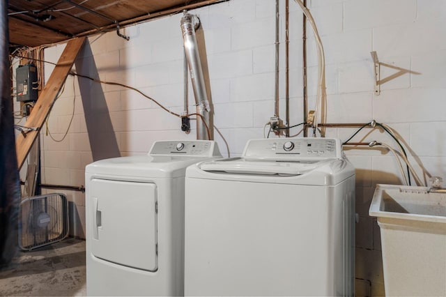 750 Prairie Ave SE, Cokato, MN 55321 - laundry room featuring concrete block wall and washing machine and clothes dryer