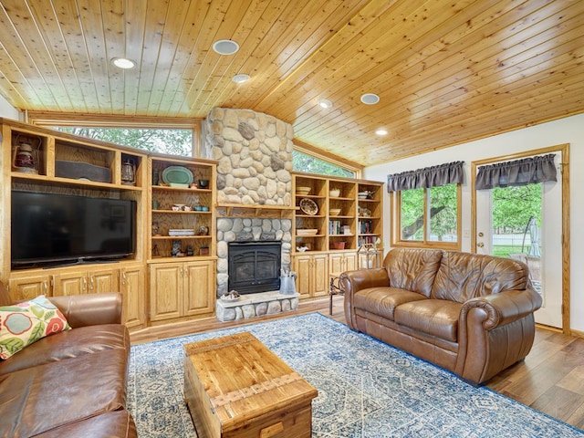 7349 Drew Ave N, Brooklyn Park, MN 55443 - living room with vaulted ceiling, healthy amount of natural light, wood finished floors, recessed lighting, and wooden ceiling