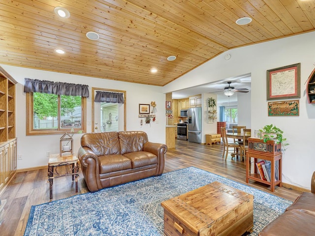 7349 Drew Ave N, Brooklyn Park, MN 55443 - living area featuring wood ceiling, plenty of natural light, a ceiling fan, vaulted ceiling, and recessed lighting