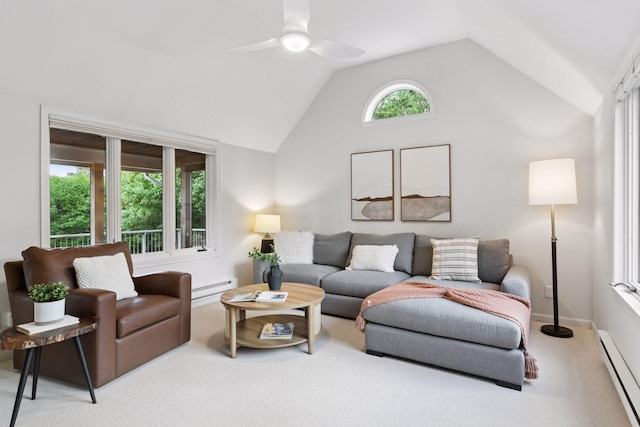 1215 Eleanor Ave, Saint Paul, MN 55116 - living area featuring baseboard heating, a baseboard radiator, carpet floors, lofted ceiling, and a ceiling fan
