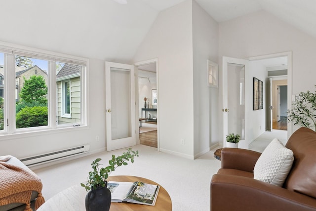 1215 Eleanor Ave, Saint Paul, MN 55116 - living area featuring baseboard heating, vaulted ceiling, carpet, and baseboards