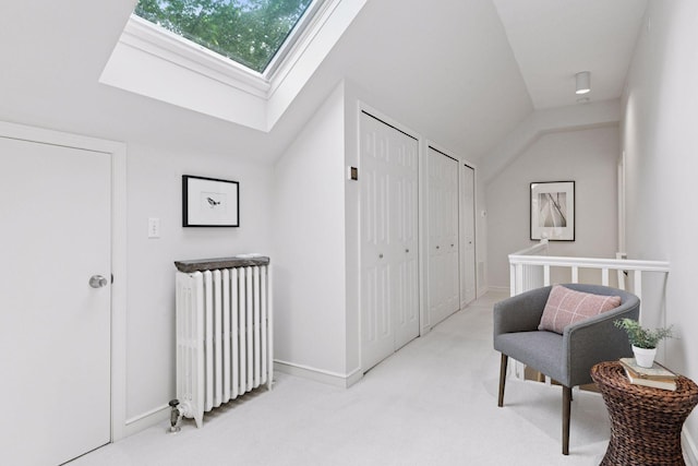 1215 Eleanor Ave, Saint Paul, MN 55116 - living area with radiator, carpet floors, a skylight, baseboards, and vaulted ceiling