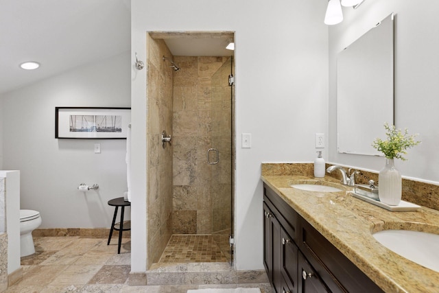 1215 Eleanor Ave, Saint Paul, MN 55116 - full bathroom with a shower stall, baseboards, double vanity, toilet, and stone tile floors