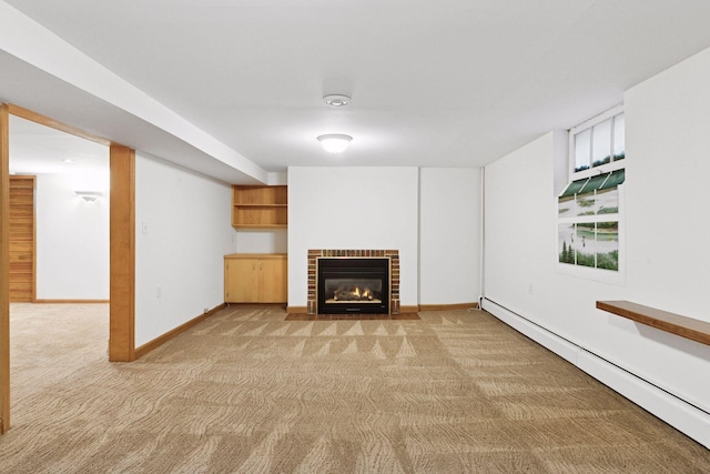 1215 Eleanor Ave, Saint Paul, MN 55116 - unfurnished living room featuring baseboard heating, light colored carpet, a brick fireplace, and baseboards