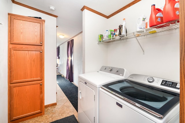 3908 Brian St, Duluth, MN 55803 - laundry area featuring washer and clothes dryer, crown molding, light tile patterned flooring, and light carpet