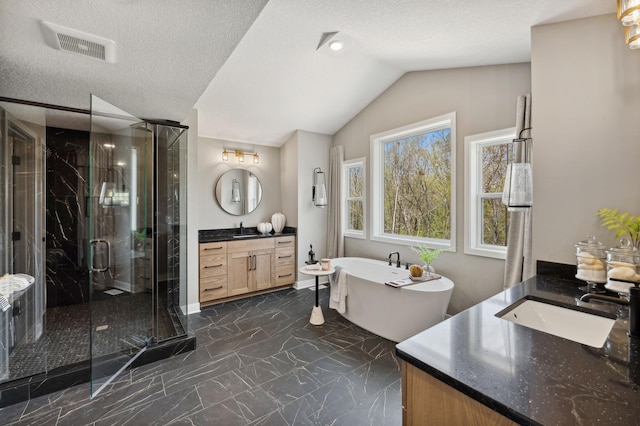 15630 112th St, Dayton, MN 55369 - bathroom with a shower stall, marble tiled floors, two vanities, a freestanding tub, and lofted ceiling