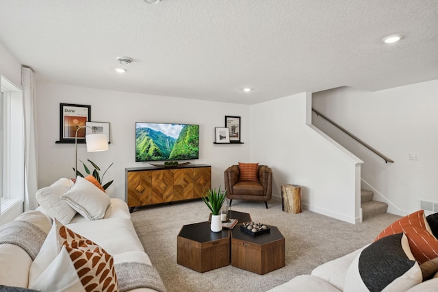 15630 112th St, Dayton, MN 55369 - living room featuring carpet, stairway, recessed lighting, a textured ceiling, and baseboards
