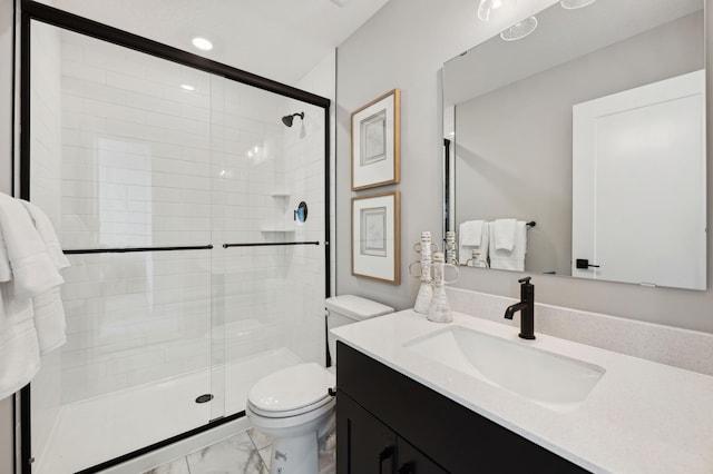 15630 112th St, Dayton, MN 55369 - full bathroom featuring marble look tile flooring, toilet, a stall shower, vanity, and recessed lighting