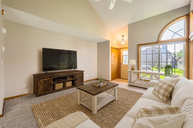 7293 Savanna Ct, Lino Lakes, MN 55014 - living area with carpet floors, high vaulted ceiling, and a ceiling fan