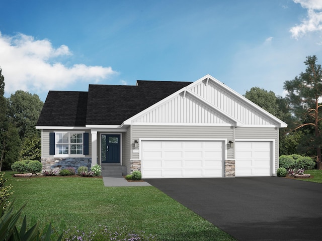 736 Blackbird Cir, Delano, MN 55328 - view of front of house with stone siding, an attached garage, asphalt driveway, a front lawn, and a shingled roof