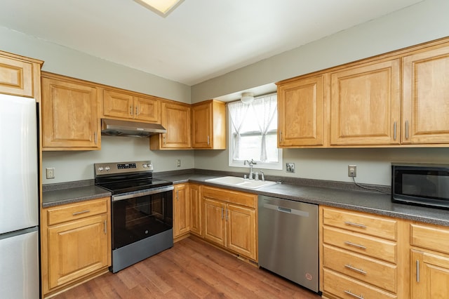 kitchen with stainless steel appliances, under cabinet range hood, a sink, dark countertops, and light wood-type flooring