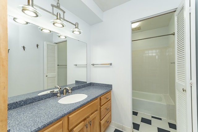 full bathroom featuring vanity, shower / washtub combination, a closet, and tile patterned floors