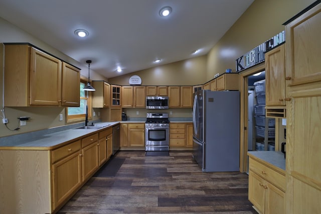 4741 Briarwood Ln, Baxter, MN 56425 - kitchen featuring stainless steel appliances, lofted ceiling, dark wood-type flooring, light brown cabinetry, and glass insert cabinets