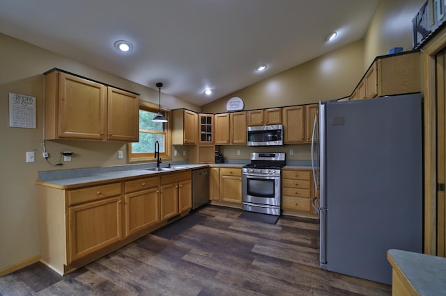 4741 Briarwood Ln, Baxter, MN 56425 - kitchen featuring stainless steel appliances, vaulted ceiling, dark wood-type flooring, light countertops, and glass insert cabinets