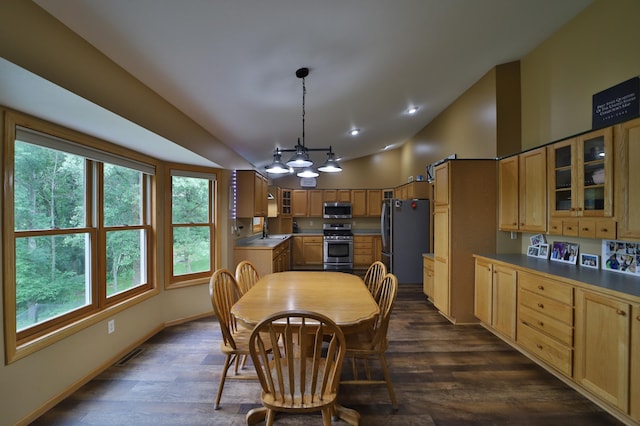 4741 Briarwood Ln, Baxter, MN 56425 - dining space featuring healthy amount of natural light, dark wood-type flooring, a chandelier, high vaulted ceiling, and recessed lighting