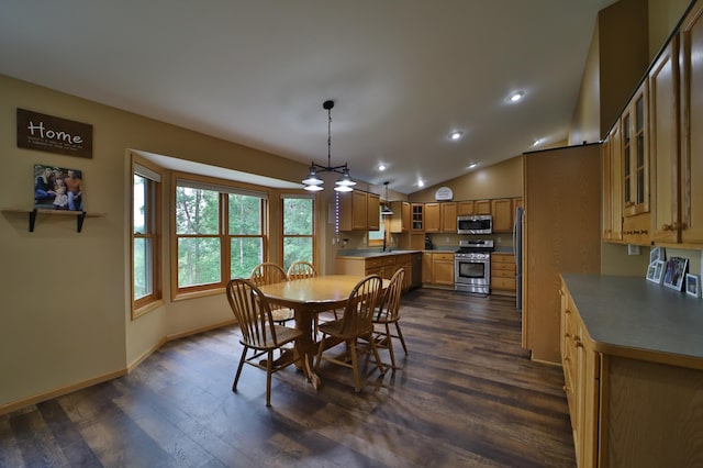 4741 Briarwood Ln, Baxter, MN 56425 - dining space with a chandelier, lofted ceiling, dark wood finished floors, and recessed lighting
