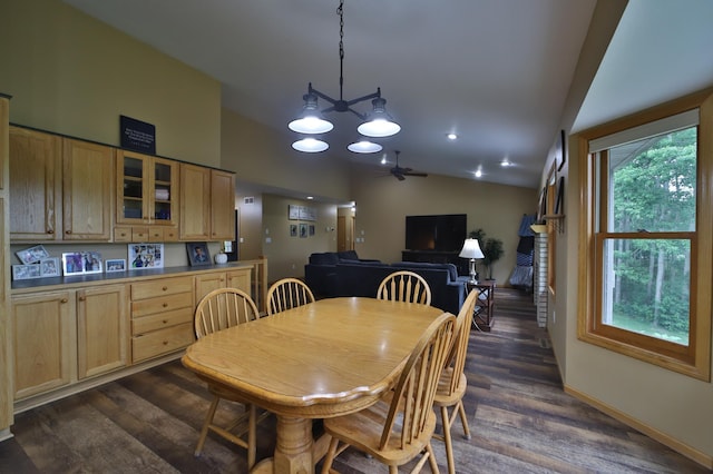 4741 Briarwood Ln, Baxter, MN 56425 - dining room featuring lofted ceiling, ceiling fan, dark wood finished floors, a chandelier, and recessed lighting