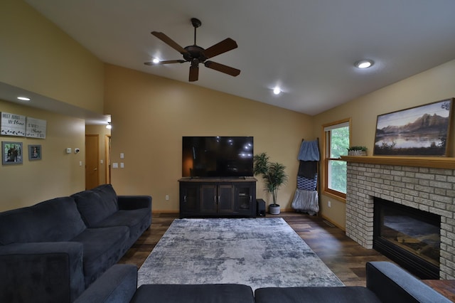 4741 Briarwood Ln, Baxter, MN 56425 - living room featuring vaulted ceiling, ceiling fan, dark wood-style floors, and a brick fireplace