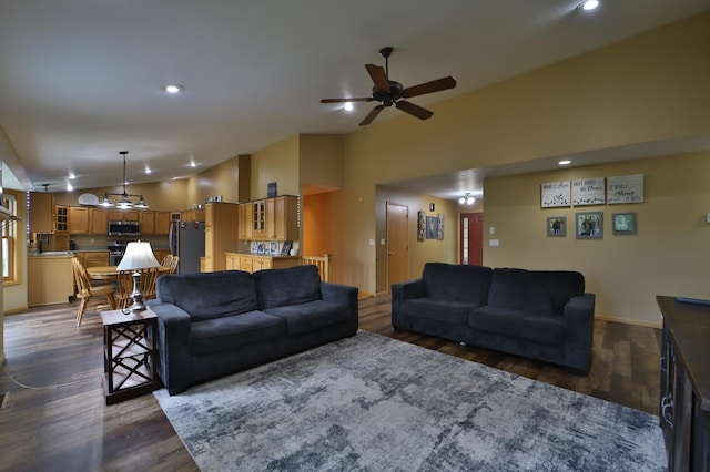 4741 Briarwood Ln, Baxter, MN 56425 - living room with lofted ceiling, a ceiling fan, dark wood finished floors, and recessed lighting