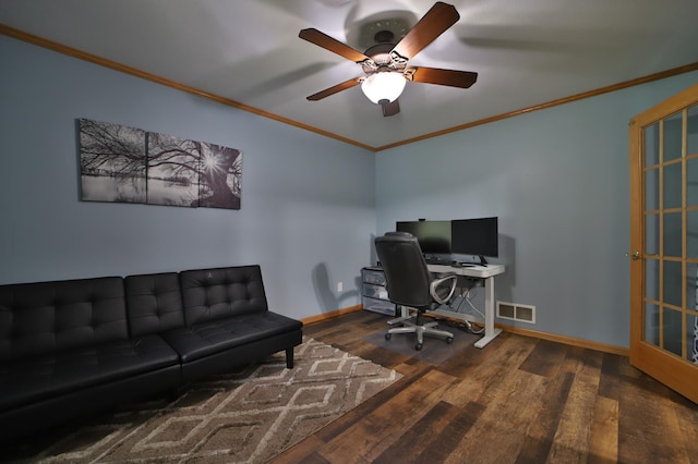4741 Briarwood Ln, Baxter, MN 56425 - office area featuring wood finished floors, ceiling fan, and crown molding