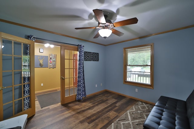 4741 Briarwood Ln, Baxter, MN 56425 - living area with french doors, wood finished floors, ceiling fan, and ornamental molding