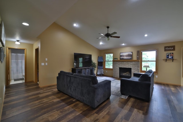 4741 Briarwood Ln, Baxter, MN 56425 - living area featuring dark wood-style flooring, a ceiling fan, a brick fireplace, and recessed lighting