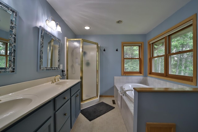4741 Briarwood Ln, Baxter, MN 56425 - full bath featuring a bath, a stall shower, double vanity, and recessed lighting